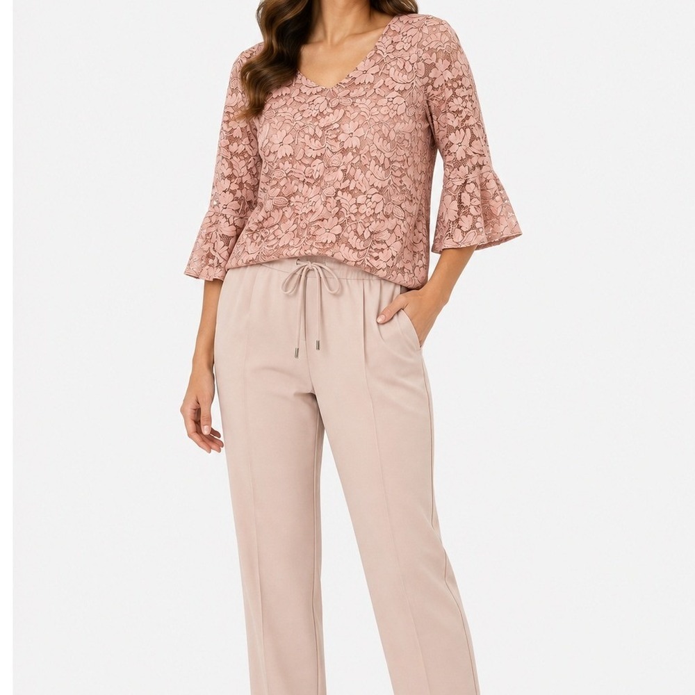 Elle Lace Blouse Women Size S Pink V-Neck Bell Sleeve Boho Classic